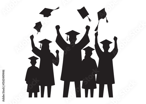 academic man celebrating graduation silhouette logo vector, happy group of graduates academic caps silhouette vector illustration, boys and girls celebration graduation cap  logo silhouettes vector