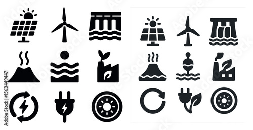Collection of icons that represent various aspects of renewable energy. The icons include a windmill, a solar panel, a hydroelectric dam, and a volcano. The icons are arranged in two rows
