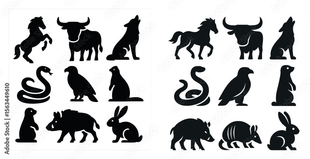 Fototapeta premium The image is a collection of animal silhouettes, including a horse, a snake, a rabbit, a bear, and a wolf. The silhouettes are arranged in two rows, with each row containing six different animals