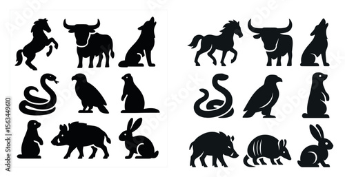The image is a collection of animal silhouettes, including a horse, a snake, a rabbit, a bear, and a wolf. The silhouettes are arranged in two rows, with each row containing six different animals