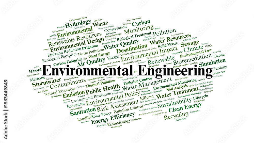 Fototapeta premium Environmental Engineering Word Cloud. Essential Topics In Sustainability And Pollution Control