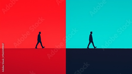 Person Walking on Red and Blue Background Split by Vertical Line