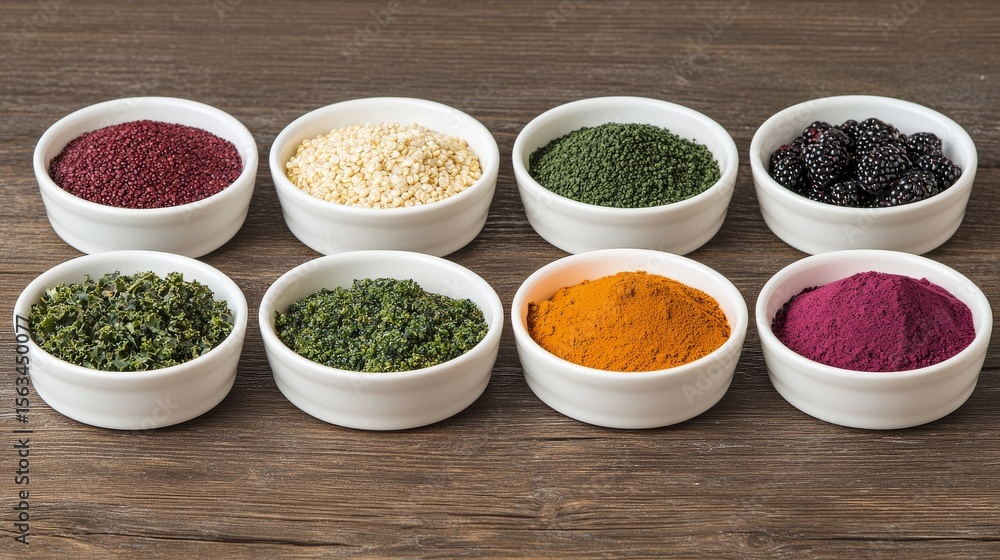 Vibrant Table Layout with Diverse Superfoods in Small Bowls on Wooden Surface Vibrant Table Layout with Diverse Superfoods in Small Bowls on Wooden Surface