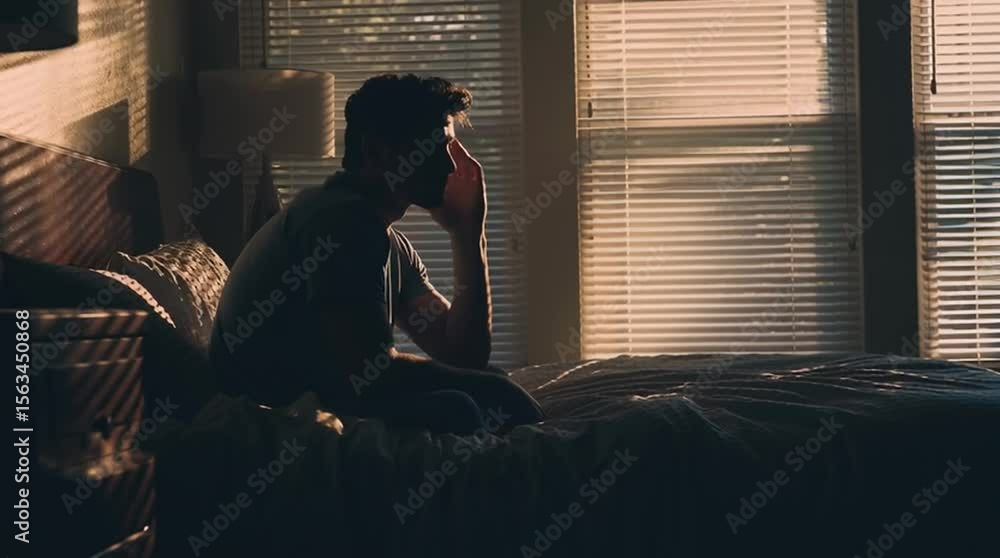 Stressed young man sitting on the edge of a bed with his head in his hands. Concept of depression, anxiety, and mental health.

