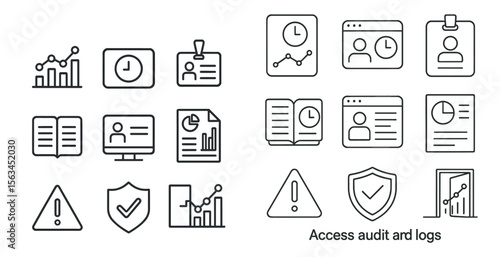 Set of icons for a computer program that includes a clock, a book, a shield, a person with a badge, and a person with a watch