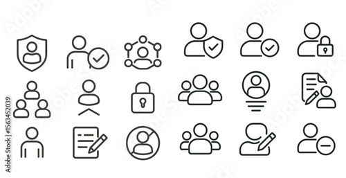Set of icons for people, including a person with a check mark, a person with a key, and a person with a pen