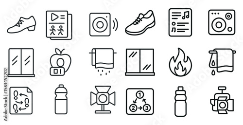 Set of icons for various items, including a book, a bottle, a shoe, and a music player