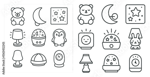 The image is a collection of various objects and animals, including a teddy bear, a penguin, a rabbit, and a clock. The objects are arranged in a way that suggests a theme of nighttime or bedtime