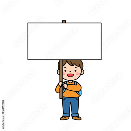 Cheerful cartoon student holding a blank signboard, perfect for educational announcements or school-related designs, easy to scale without losing quality.