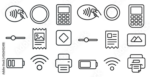 Set of icons for various electronic devices and services. The icons include a credit card reader, a calculator, a printer, a phone, a computer, and a camera. The icons are all in black and white