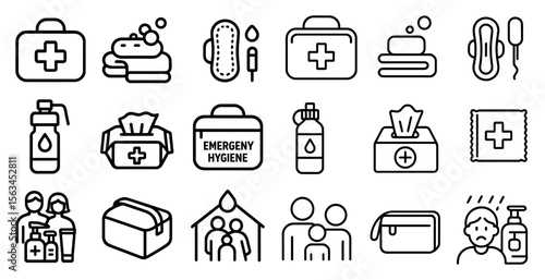 Set of medical icons including a first aid kit, a bottle of medicine, and a box of tissues
