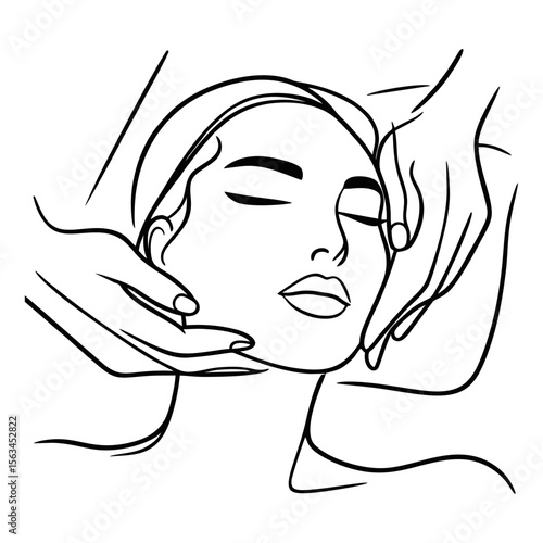 Minimalist line art illustration of a woman receiving a beauty facial massage