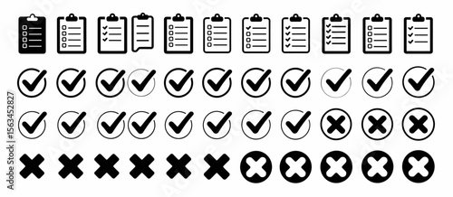 Clipboard checklist icons set, check and cross mark symbols, task list complete confirmation