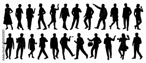 Silhouettes of diverse adult people group standing, walking, talking, meeting, business concept