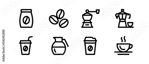 Coffee icons set: bean, grinder, bag, cup, pot. Drink line vector illustration.
