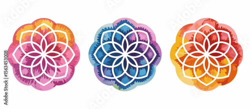 Three colorful flower mandalas with white line art, watercolor design, spiritual art