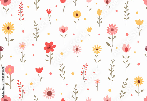 Seamless pink floral pattern with hearts butterflies and spring flowers for cute nature design