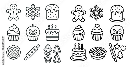 Set of 12 different food items, including cakes, pies, and cookies, are drawn in black and white
