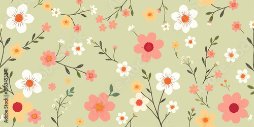 Seamless floral vector pattern with flowers leaves and butterflies for spring summer decoration
