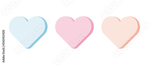 Three dimensional pastel hearts in light blue, pink and peach on white background