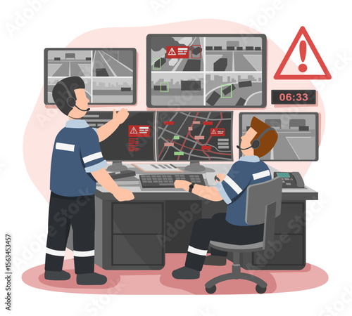 Traffic control operators monitoring road congestion and accident alerts in a command center to manage emergency response and ensure public safety