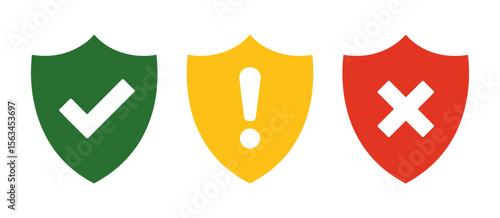 Shield icons: check, exclamation, x marks status, success, warning, failure