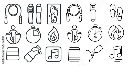 Collection of fitness icons including a stopwatch, a bottle, a person doing a jump rope, and a person doing a handstand