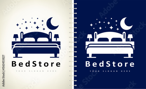 Bed store logo. Bed with pillows, stars and the moon logo vector design. The night sky