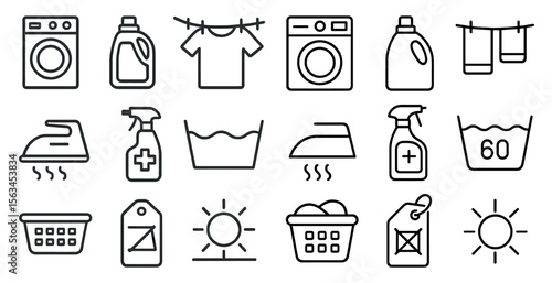 Set of laundry symbols including a washing machine, iron, and dryer. The symbols are drawn in a simple, minimalist style