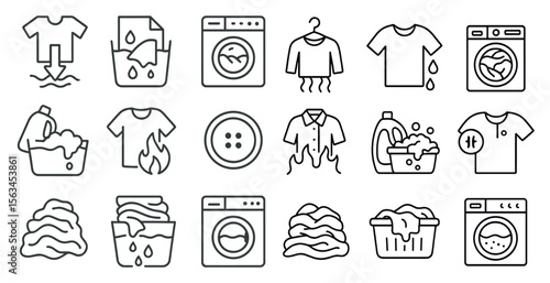 Series of laundry symbols including a washing machine, dryer, and clothes. The symbols are drawn in a simple, minimalist style