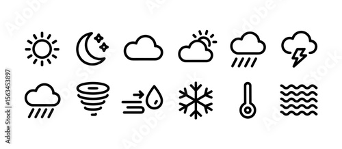 Weather icons set: sun, rain, cloud, snow, night, storm, temperature, waves