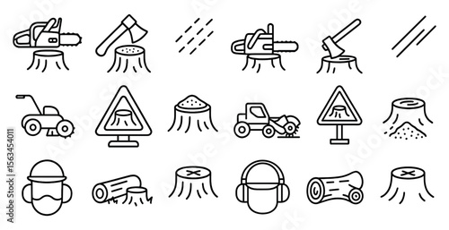Series of black and white icons depicting various tools and equipment used in the logging industry. The icons include a chainsaw, an axe, a truck, and a sign. Scene is one of hard work and industry