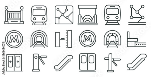 Set of train icons including a subway, a train station, and a train. The icons are all in a simple, clean style