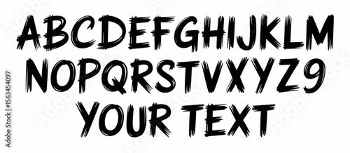 Grunge alphabet font with rough brush strokes and handwritten letters and numbers