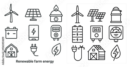 Renewable farm energy is the concept of this image. A variety of icons and symbols related to renewable energy, such as wind turbines, solar panels, and batteries