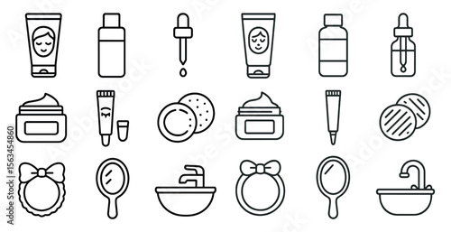 Collection of cosmetics and beauty products. The products include a bottle of lotion, a tube of lip balm, a bottle of perfume, and a bottle of eye cream. Concept of self-care and personal grooming
