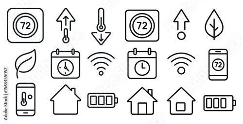 Collection of icons for home appliances and devices, including a thermostat, a clock, a phone, and a house