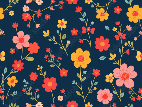 Seamless floral pattern with flowers and butterflies in pink and green for spring and summer design