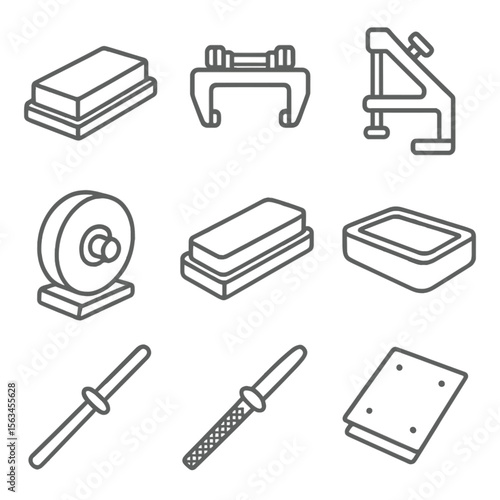 Sharpening Tools Icons. Line style icons of sharpening tools: whetstone, honing guide, sharpening jig, grinding wheel, strop block