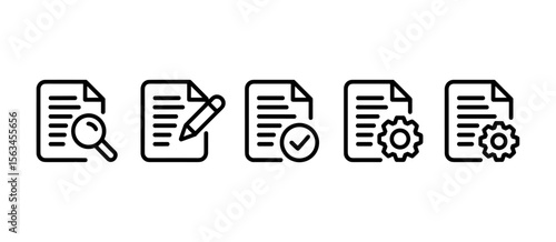 Document icons: search, edit, check, settings, configure - process icons