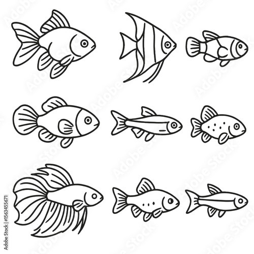 Aquarium Fish Icons. Line style icons of common aquarium fish: goldfish, angelfish, clownfish, guppy, betta fish, neon tetra,