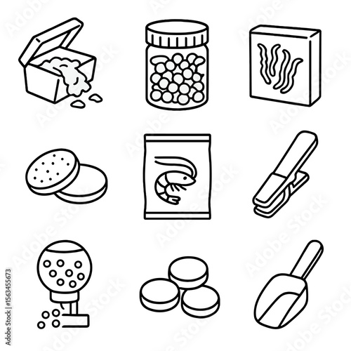 Fish Food Icons. Line style icons of fish food types: flake food, pellet jar, freeze-dried worms, algae wafers, brine shrimp pack,