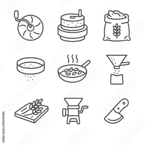 Artisan Grain Processing Icons. Line style icons of artisan grain processing: hand mill wheel, stone grinder, artisan bakery flour