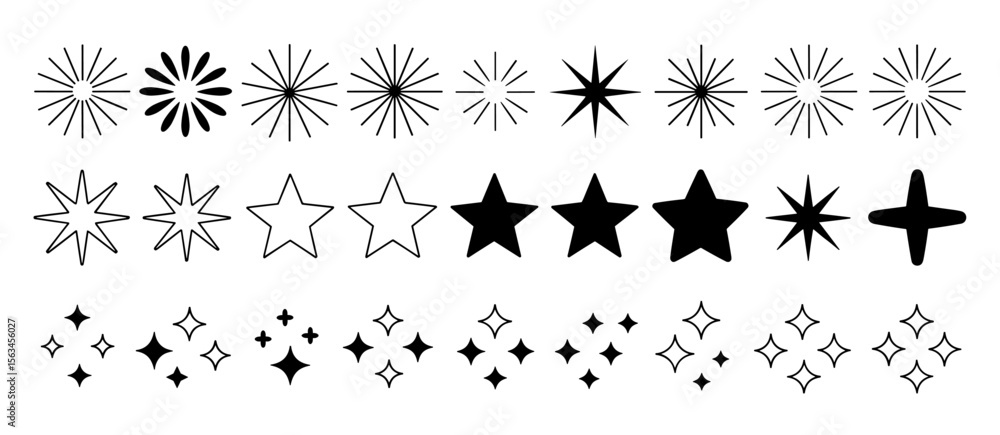 Naklejka premium Set of sparkling stars, burst, shine, twinkle, glitter vector elements
