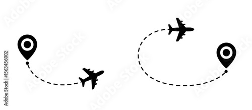 Airplane flight path, travel route destination with location pin icons