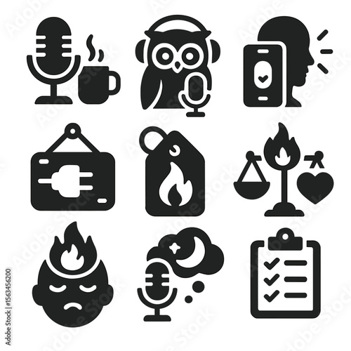 Podcaster Lifestyle Icons. Solid style icons of podcaster lifestyle: mic and coffee icon, night owl recording icon, focus mode