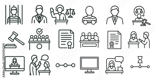 Series of icons depicting various court proceedings. The icons include a judge, a jury, a gavel, a person with a sign that says "not guilty,"