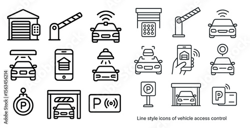 Set of icons for vehicle access control. The icons include a car, a garage door, a parking meter, and a cell phone