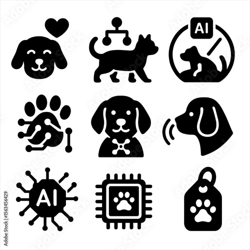 AI-Driven Pet Icons. Solid style icons of AI-driven pets: emotional AI pet, adaptive behavior icon, smart response meter, learning