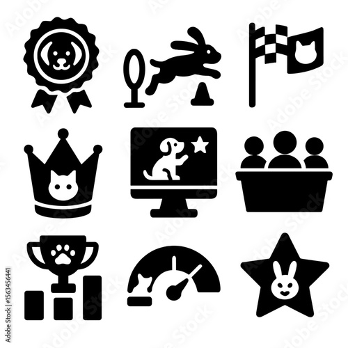 Virtual Pet Competitions. Solid style icons of virtual pet competitions: pet talent badge, speed challenge icon, pet race flag,